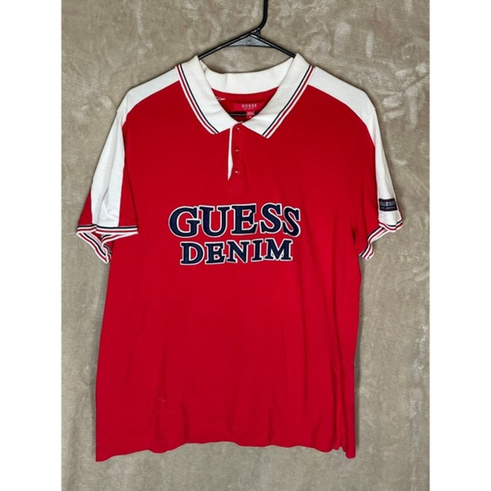 🚀 Guess Denim Polo Shirt Red White Short Sleeve Logo XL‎